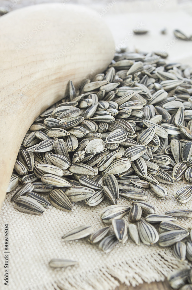 sunflower seeds on the wood table