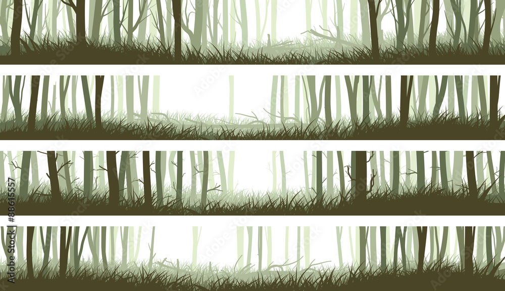 Fototapeta premium Horizontal banners forest with trunks and clearing in woods.