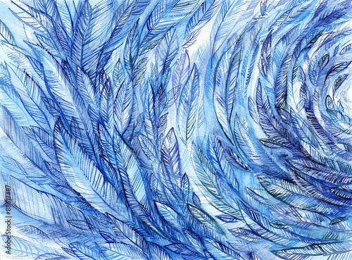 blue feathers in a circle, watercolor abstract background