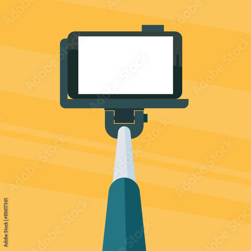 Selfie stick monopod with smartphone on yellow abstract background. Blank screen. Vector illustration.