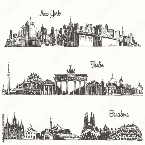 Set cities New york Berlin Barcelona vector sketch