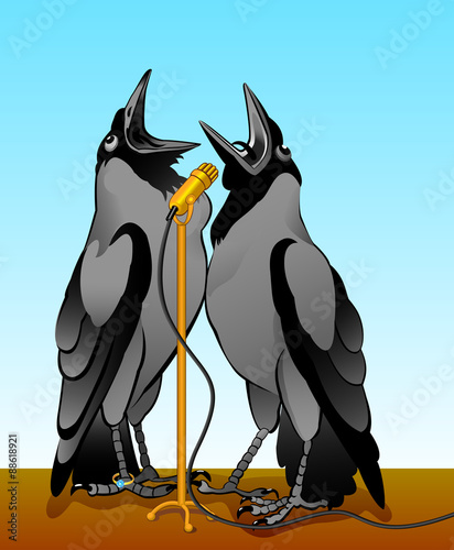 Crows singing two crows singing into a microphone, vector illustration, on the background of the sky, at the foot of the crow precious ring