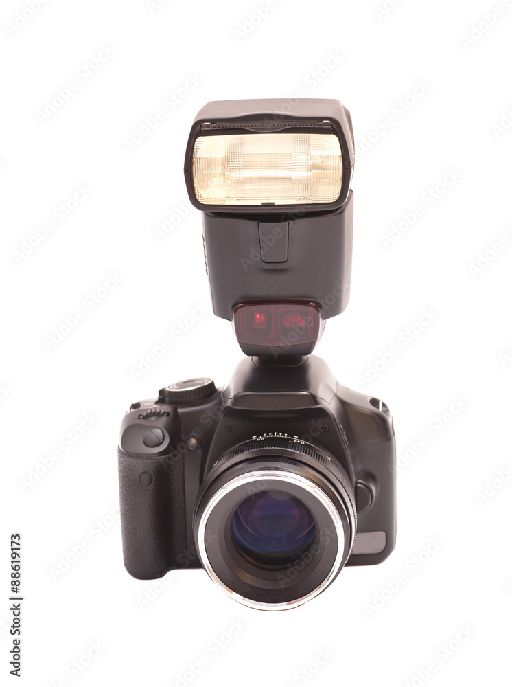 Photo camera and flash isolated on white background Photo camera and flash isolated on white background
