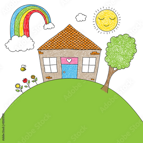 Children's doodle house with rainbow