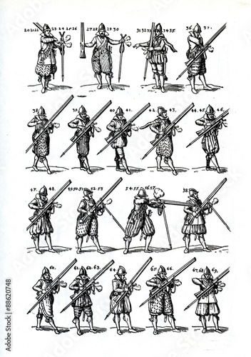 Obraz na plátně Steps required to load and fire an musket (17 century)