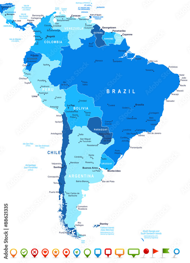 South America map - highly detailed vector illustration. Image contains land contours, country and land names, city names, water object names, navigation icons.