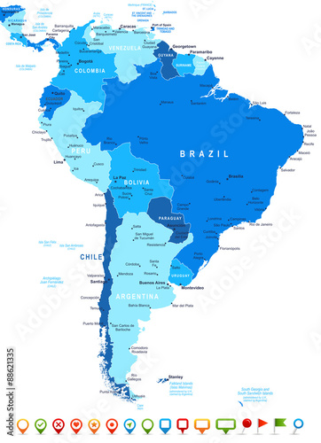 South America map - highly detailed vector illustration. Image contains land contours, country and land names, city names, water object names, navigation icons.