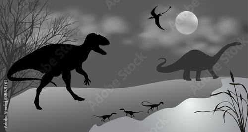 Dinosaurs against the landscape. Black-and-white vector illustration.