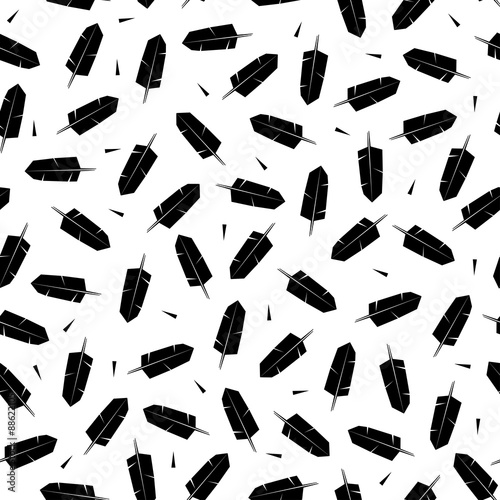 Seamless Pattern of black and white Feathers for Modern Wallpaper Textile on white background - Vector. Boho Style texture. Cute feather background.