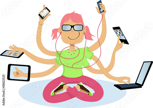 Cool geeky girl with six arms using assorted wireless gadgets, vector illustration, no transparencies, EPS 8