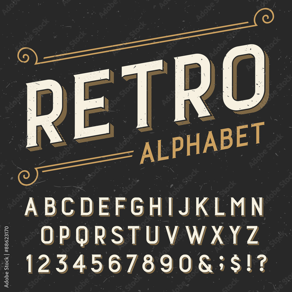 Retro alphabet vector font. Serif type letters, numbers and symbols. on a dark distressed scratched background. Stock vector typography for labels, headlines, posters etc. - obrazy, fototapety, plakaty 