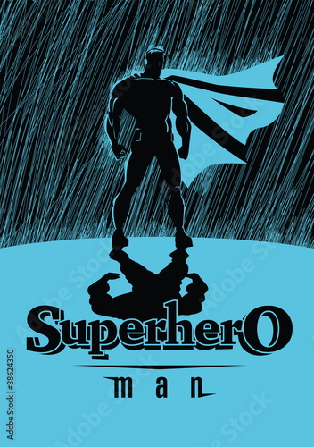 Poster. Superhero in rain: Superhero watching over the city.