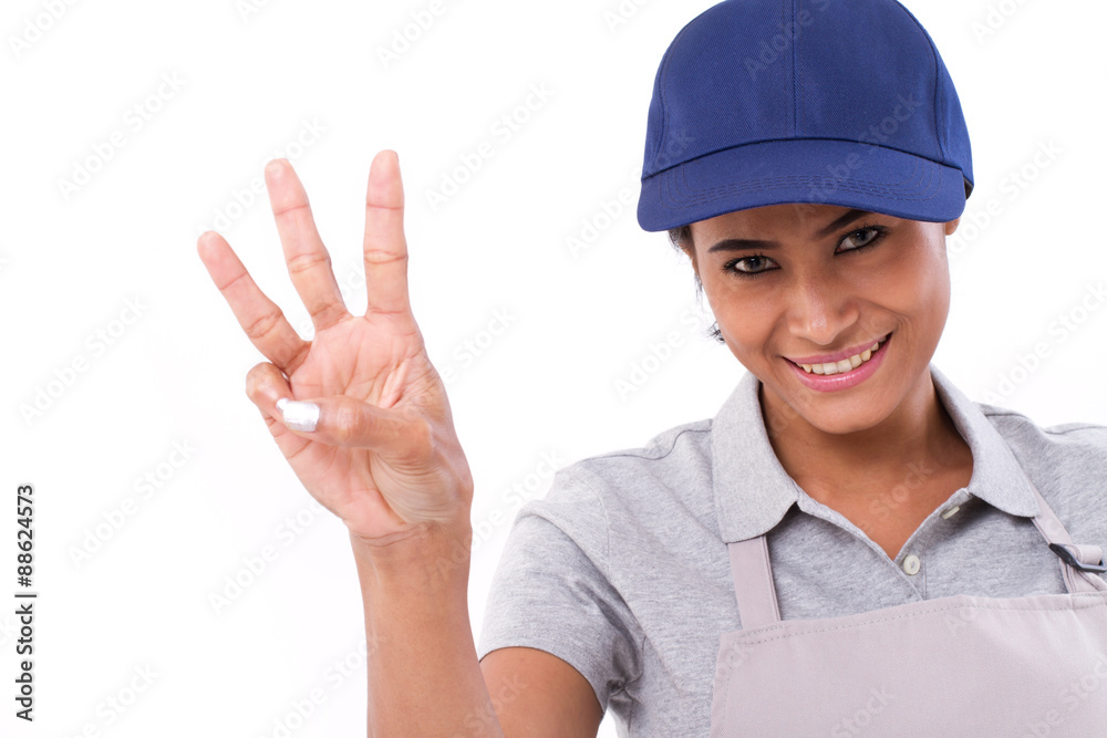 confident female worker raising, pointing up 3 fingers gesture confident female worker raising, pointing up 3 fingers gesture