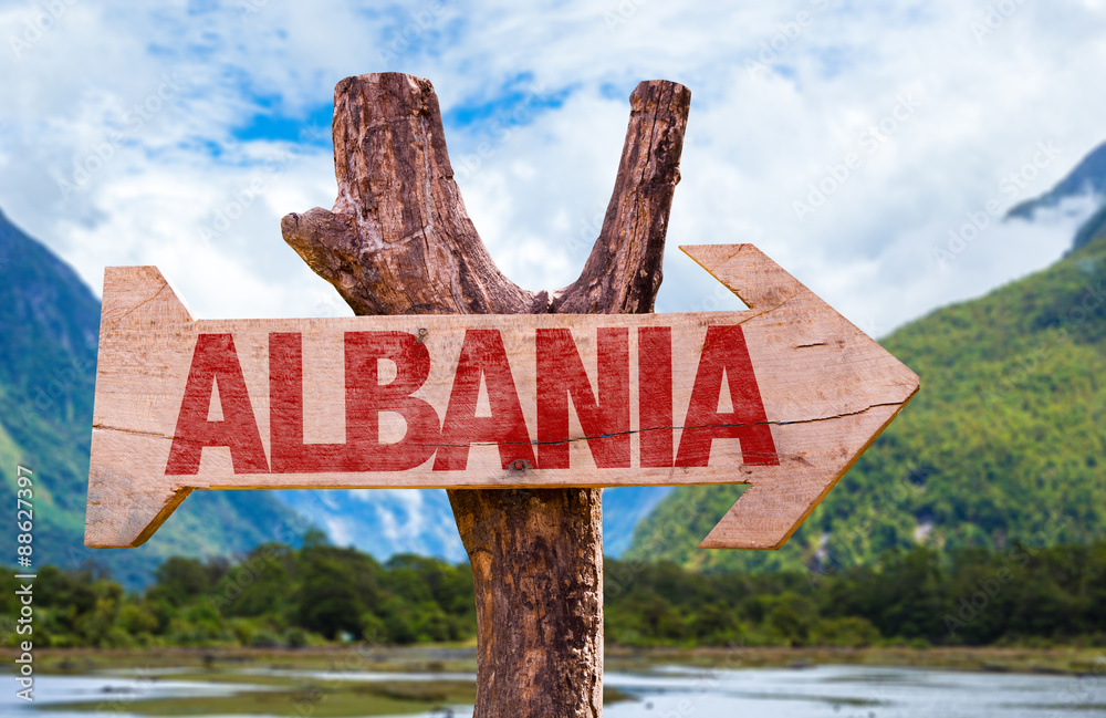 Albania wooden sign with landscape background
