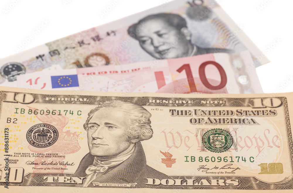 American dollars, European euro and Chinese yuan bills