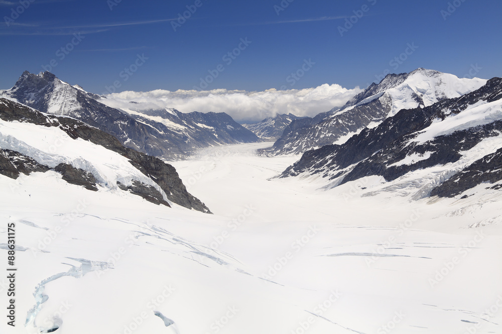 Aletsch Glacier, the largest glacier of the alps and UNESCO World Heritage photographed from the Jungfraujoch, Bernese Oberland, Switzerland