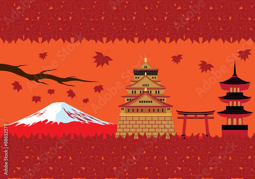 Japan Autumn Landmark and Culture Vector