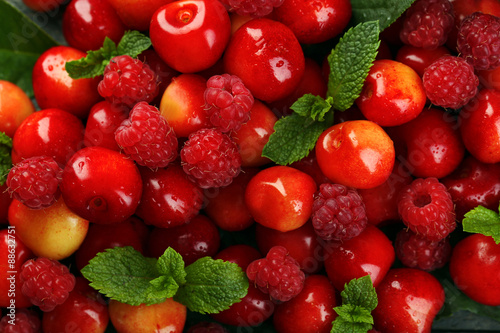 Sweet cherries and raspberries  close-up