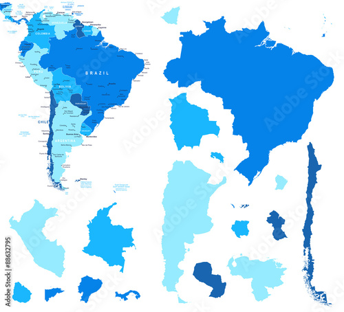 Fototapeta Naklejka Na Ścianę i Meble -  South America map and country contours - Illustration. Vector illustration of South America map.
