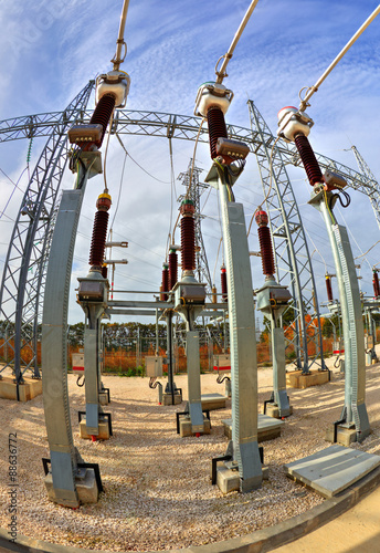 High voltage switchyard in electrical substation in fisheye perspective