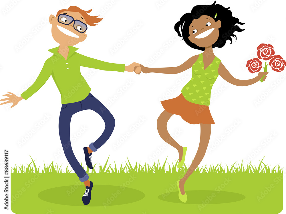 Happy cartoon couple - white guy and black girl - skipping on the grass, vector illustration, no transparencies, EPS 8 Stock Vector | Adobe Stock Happy cartoon couple - white guy and black girl - skipping on the grass, vector illustration, no transparencies, EPS 8 Stock Vector | Adobe Stock