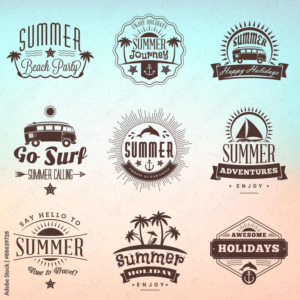Vintage Hipster Summer Holidays Label or Badge. Vector Design Element on Coloful Summer Background