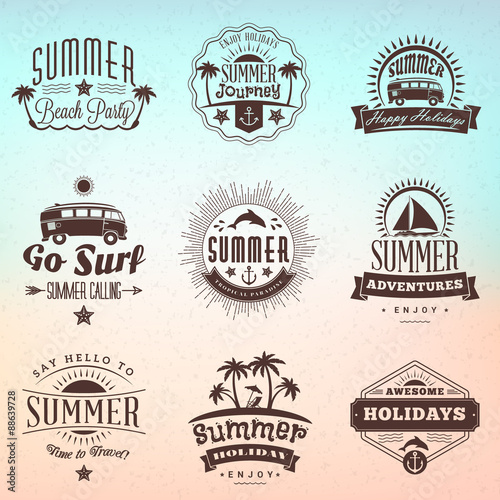 Vintage Hipster Summer Holidays Label or Badge. Vector Design Element on Coloful Summer Background
