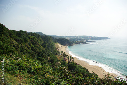 Pacific Coast on one of the islands. The island formed from volcanic magma, so all slopes severely overgrown with bushes and trees. Water is more like a beautiful river.