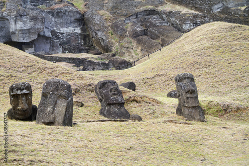 Statues (moai) at Rano Raraku (Quarry), some still unfinished.Easter Island, Chile