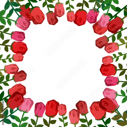 Frame of roses. Red background beautiful flowers and location fo