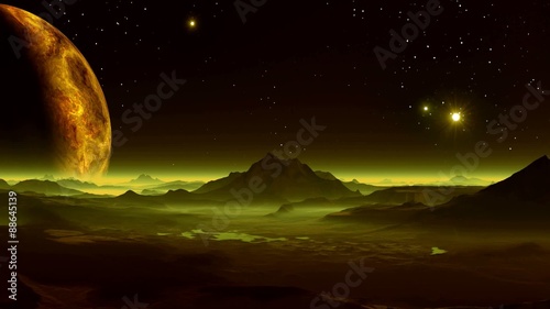 Planet aliens and UFOs. The huge planet rises above the fantastic alien landscape. The hills and lakes covered with yellow mist.