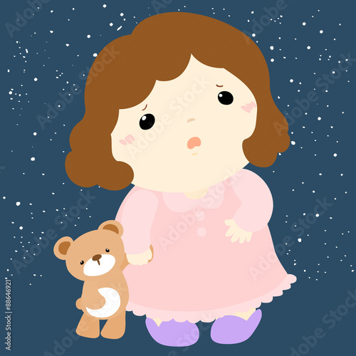cute girl and her doll sleepless vector