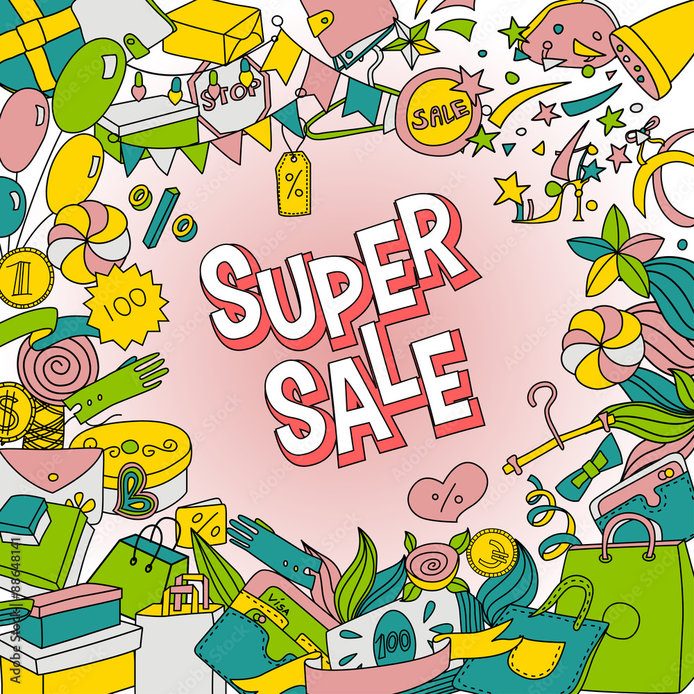 Cartoon lettering Super Sale in doodle style