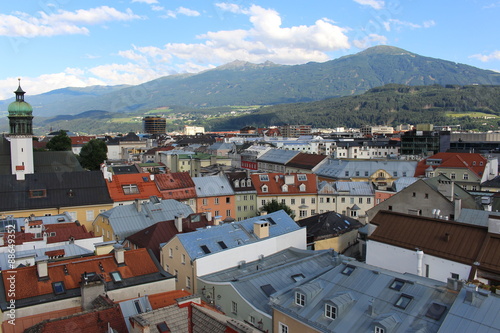 Aerial view of Innsbruck city taken from City Tower (Stadtturm) which was built in 1450 in Tirol, Austria. With 51 meters of height, City Tower is located in Old City (Altstadt or Altestadt).
