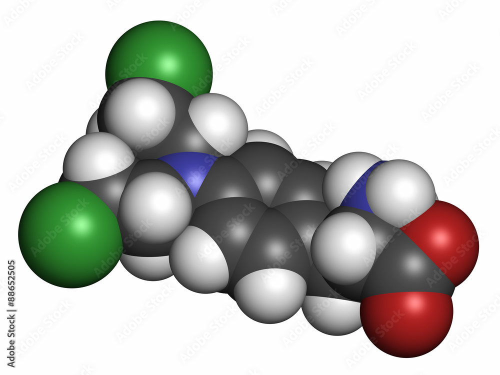 Melphalan cancer chemotherapy drug molecule. Melphalan cancer chemotherapy drug molecule.