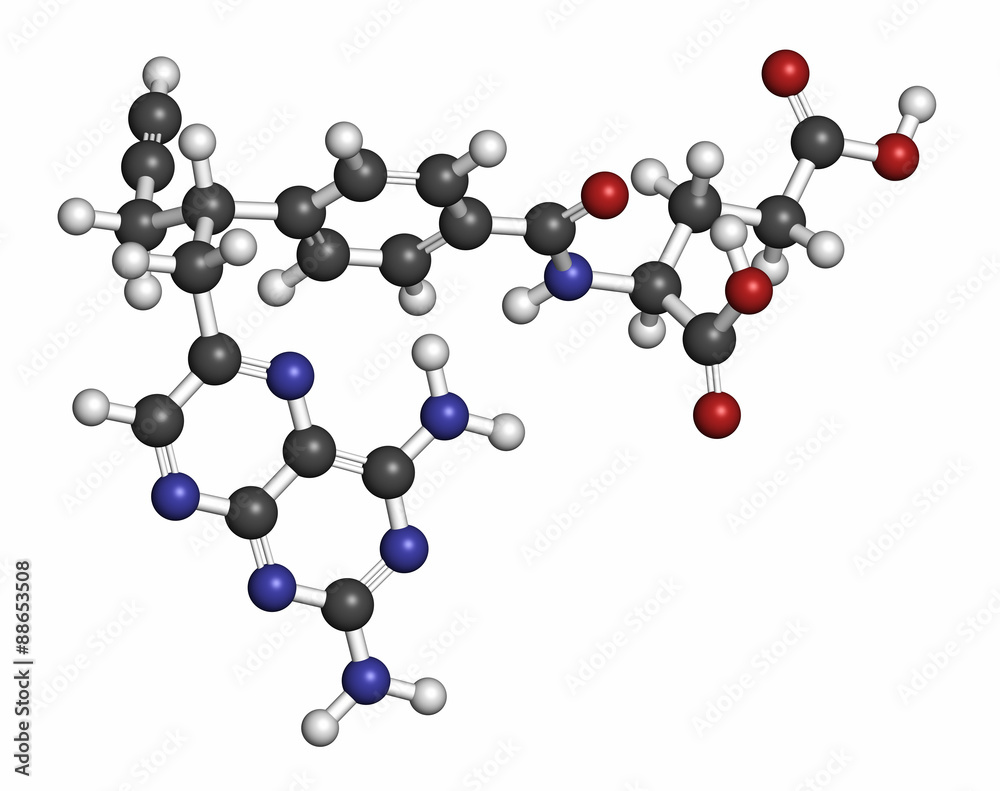 Pralatrexate cancer drug molecule (antifolate class). Pralatrexate cancer drug molecule (antifolate class).