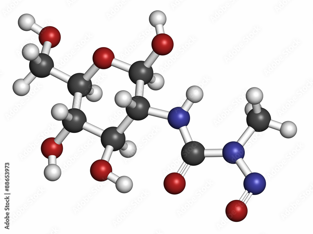 Streptozotocin cancer drug molecule. Streptozotocin cancer drug molecule.