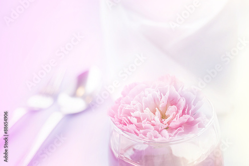 Table setting with pink carnation and napkins on blur background