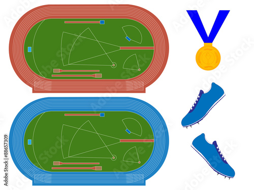 Athletics Field with Running Tracks in Red and Blue