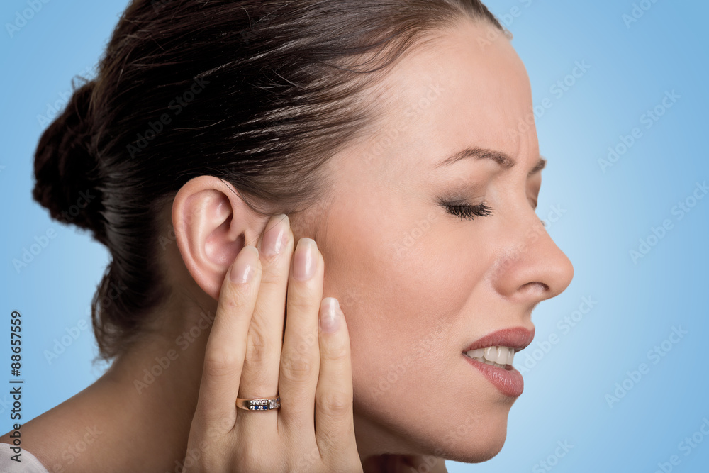 side profile sick young female having ear pain side profile sick young female having ear pain