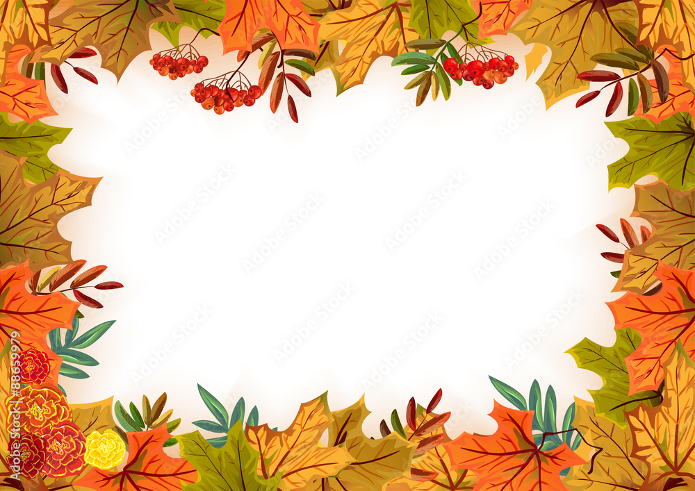 Autumn leaves, rowan and flowers. Template frame