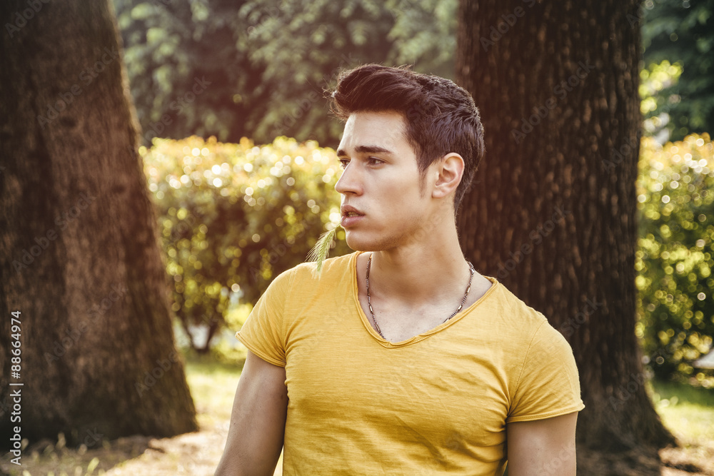Attractive young man in park next to trees