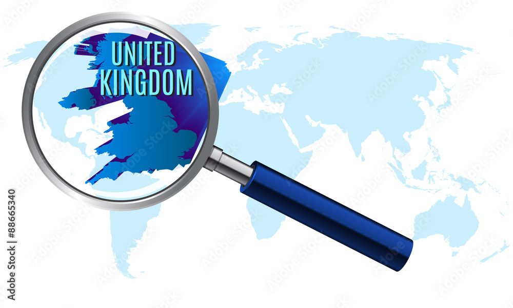 World map with united kingdom magnified by loupe