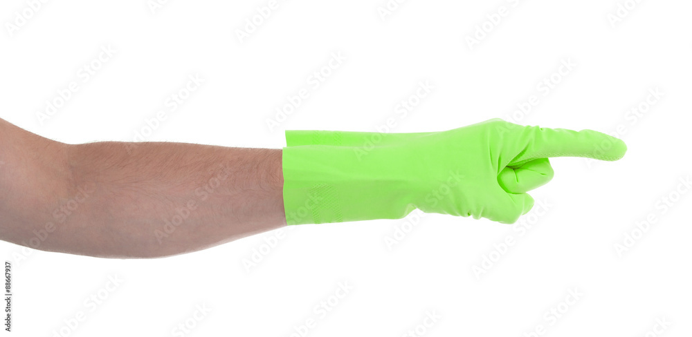 Hand in an cleaning glove making a directional sign Hand in an cleaning glove making a directional sign