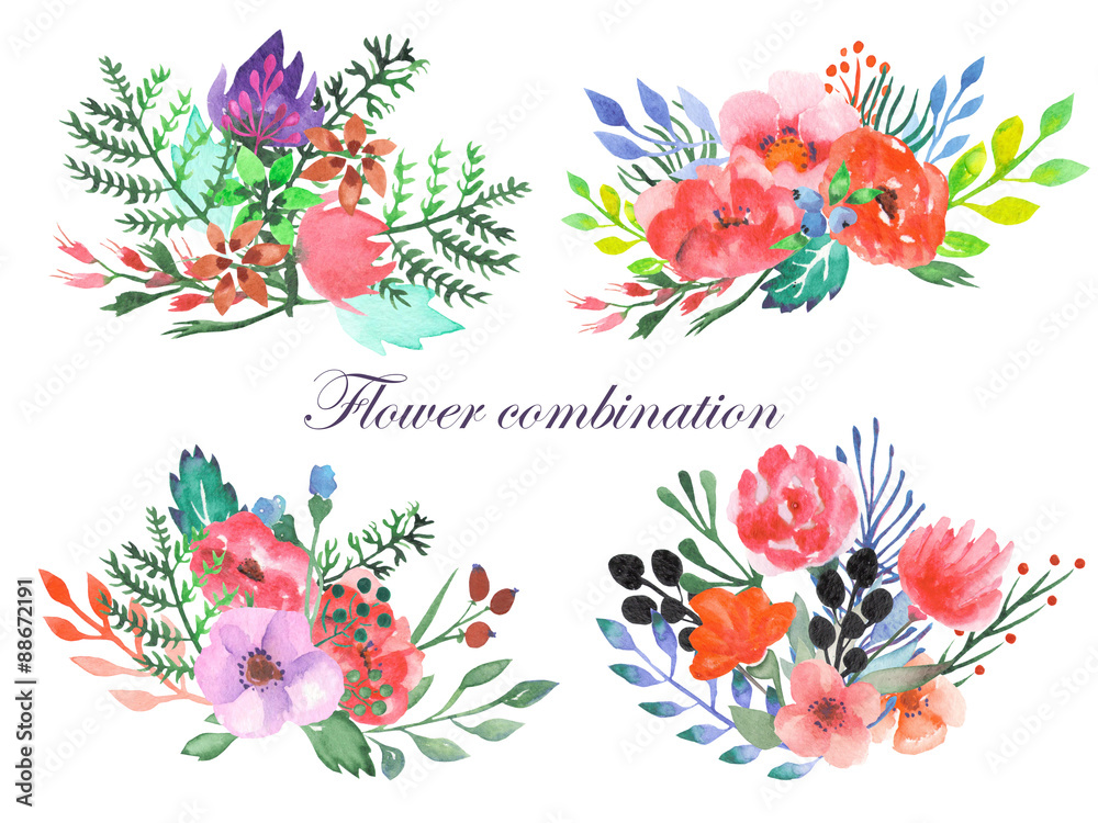 Set of bouquets with flowers, leaves and plants painted in watercolor on a white background