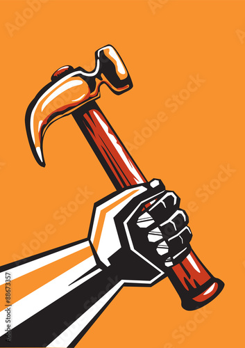 Hand with a hammer.Vintage vector illustration. 