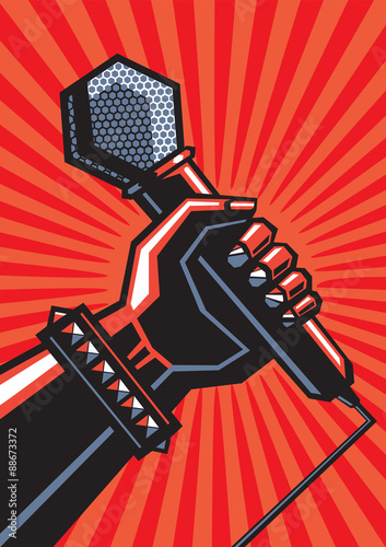 Rock poster with a microphone. Human hand with a microphone. eps10.  		
Illustration in retro style futurism poster.