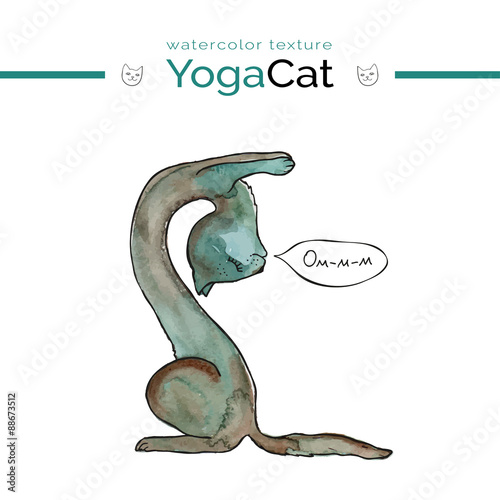Vector yoga illustration. Funny cat with watercolor texture. Cute cat in grey and green colors in yoga pose. Vector cat. Yoga poster with cat in yoga asana.