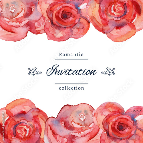 Vector illustration. Save the date or wedding invitation template with roses. Wedding invitation template with red roses with watercolor texture. Hand drawn floral wedding invitation. Romantic card.