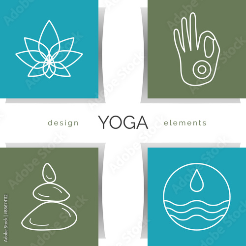 Vector yoga illustration. Set of linear yoga icons, yoga logos in outline style. Design elements for yoga poster. Yoga class, yoga center, yoga studio, spa center. Yoga sticker. Yoga symbols.